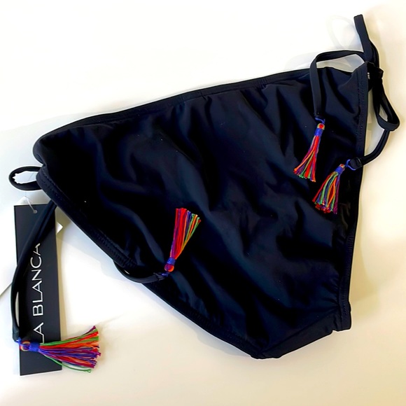 NWT black string rainbow Aztec print side tassel tie full back swim bikini bot 8 - Picture 4 of 14